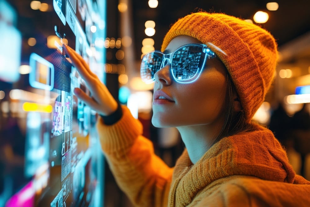 woman engaging with a futuristic touchscreen interface