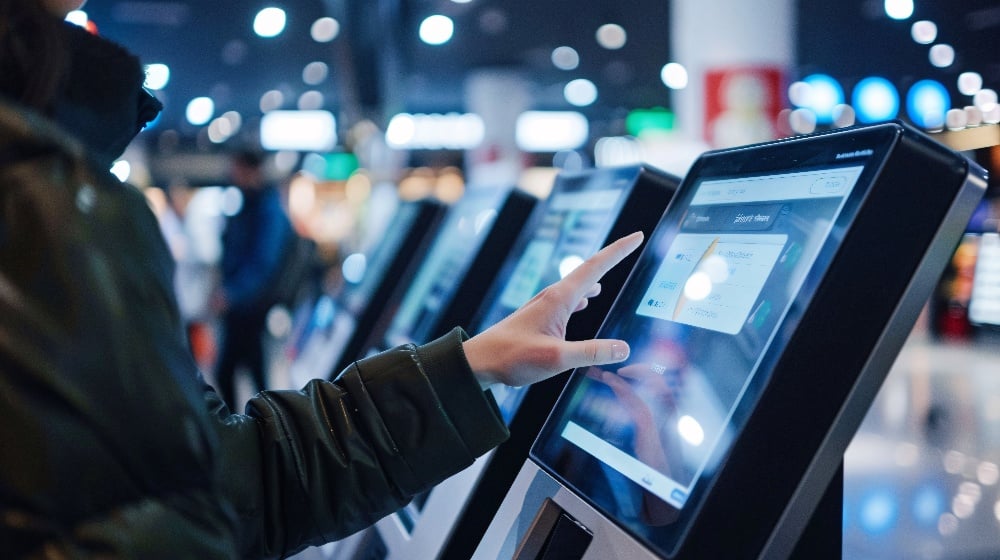 customer touching a digital screen at a checkout kiosk with a payment terminal in a retail setting